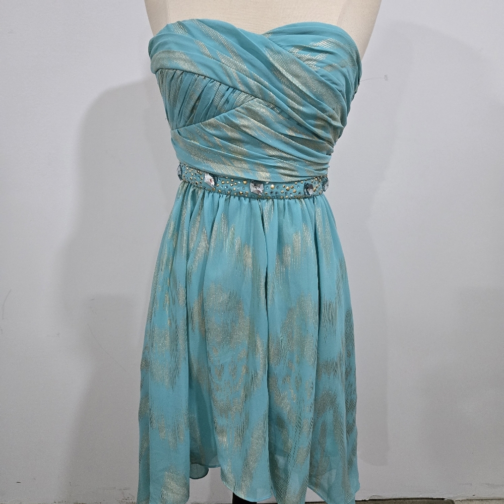 Jump Strapless Turquoise and Gold Dress